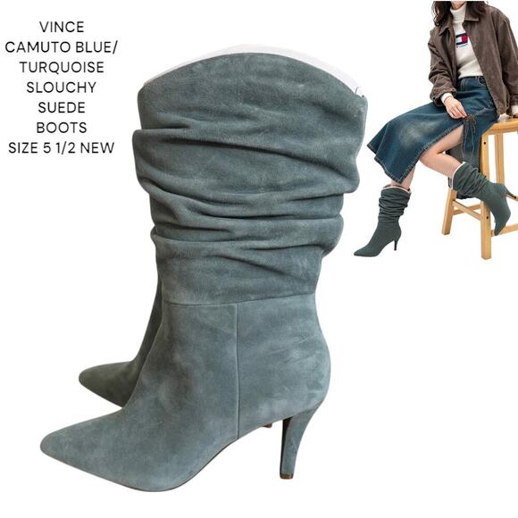 VINCE CAMUTO TEAL/BLUE SLOUCHY SUEDE BOOTS SIZE 5.5 NEW - Picture 1 of 7